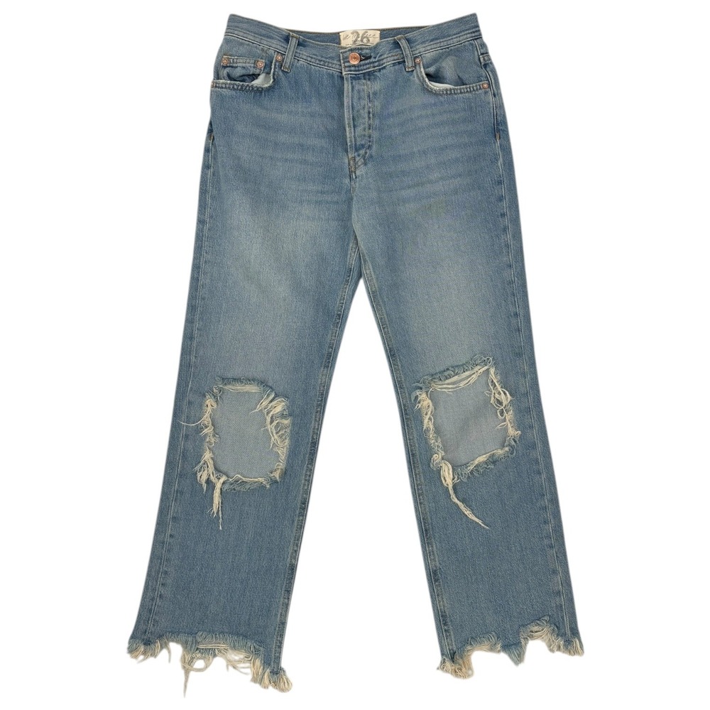 We The Free Free People Distressed Crop Straight Leg Button Fly Raw Hem Jean 26‎